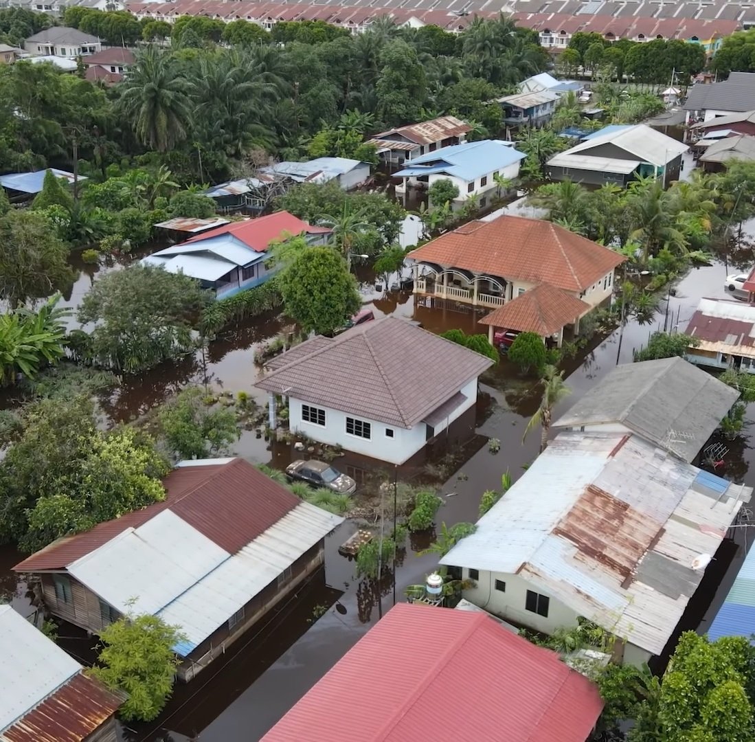 Aerial view of residential flooding in Klang during the December 2021 Malaysian floods